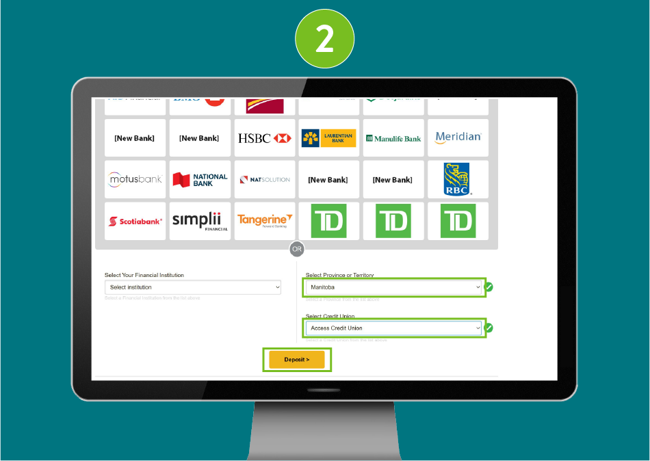 Accept e-Transfer webpage displayed in a desktop browser. Manitoba is selected as the province, Access Credit Union is chosen as the financial institution, and the 'Deposit' button is visually highlighted .