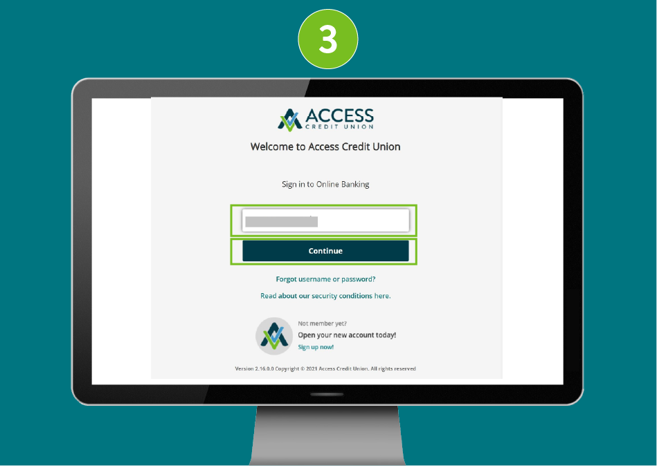 Access Credit Union sign-in page with focus on the 'Continue' button.