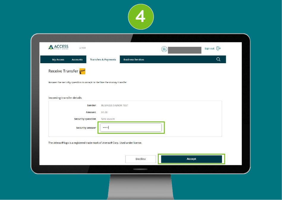 Access Credit Union website with focus on the security answer field and 'Accept' button.