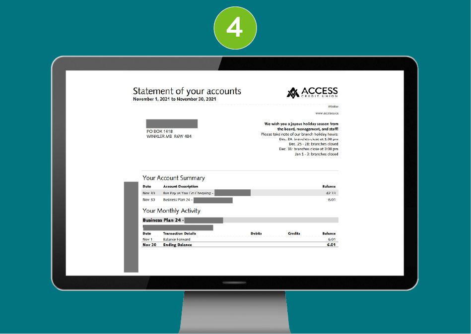 Blurred statement showing transactions and balance.