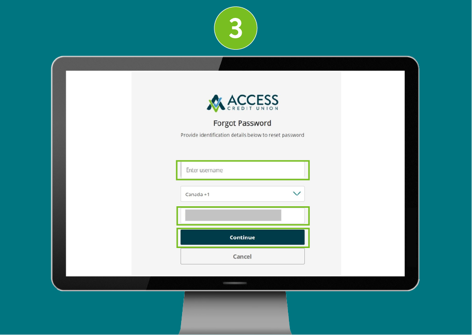 Desktop screenshot of 'Forgot password' page focused on fields for username, phone number, and a 'Continue' button.