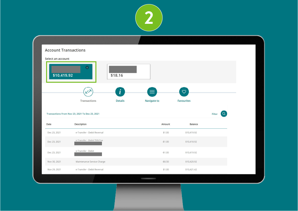 Account transactions page on a desktop browser with 'Account' selected.
