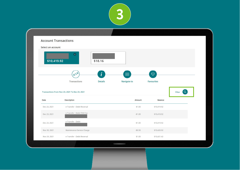 Account transactions page on a desktop browser with 'Filter' button selected.