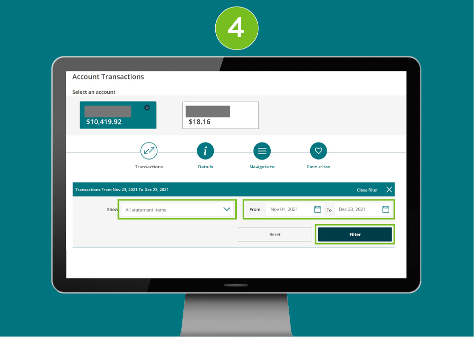 Account transactions page on a desktop browser with 'Show All Statement Items', 'Date Range', and 'Filter' button selected.