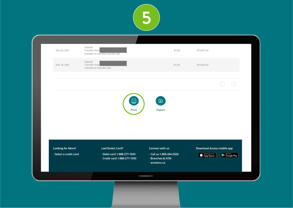 Account transactions page on a desktop browser with 'Print' button selected.