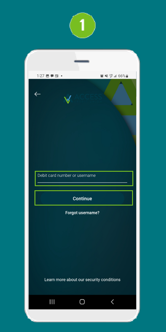 Mobile app Login screen with highlighted username field and 'Continue' button.