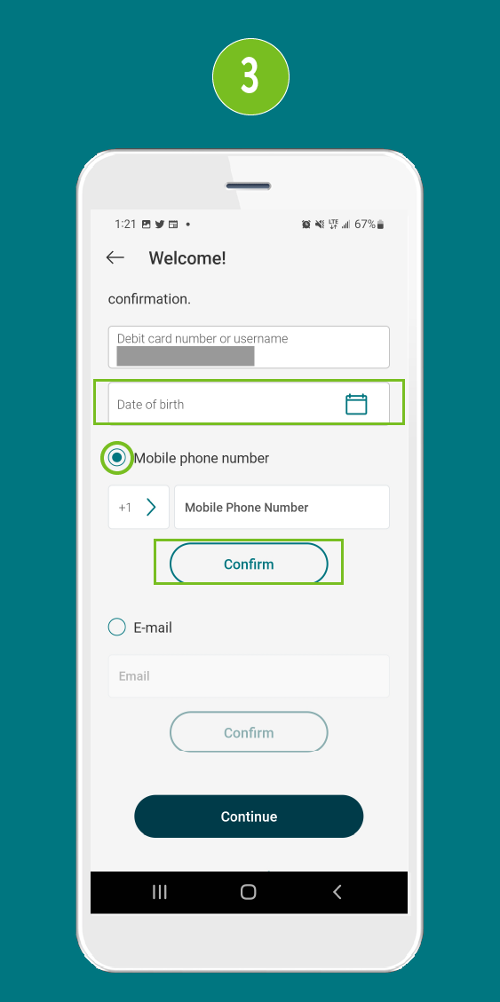 Mobile app screen with multiple input fields, highlighting  calendar icon, the mobile phone field and the confirm button.