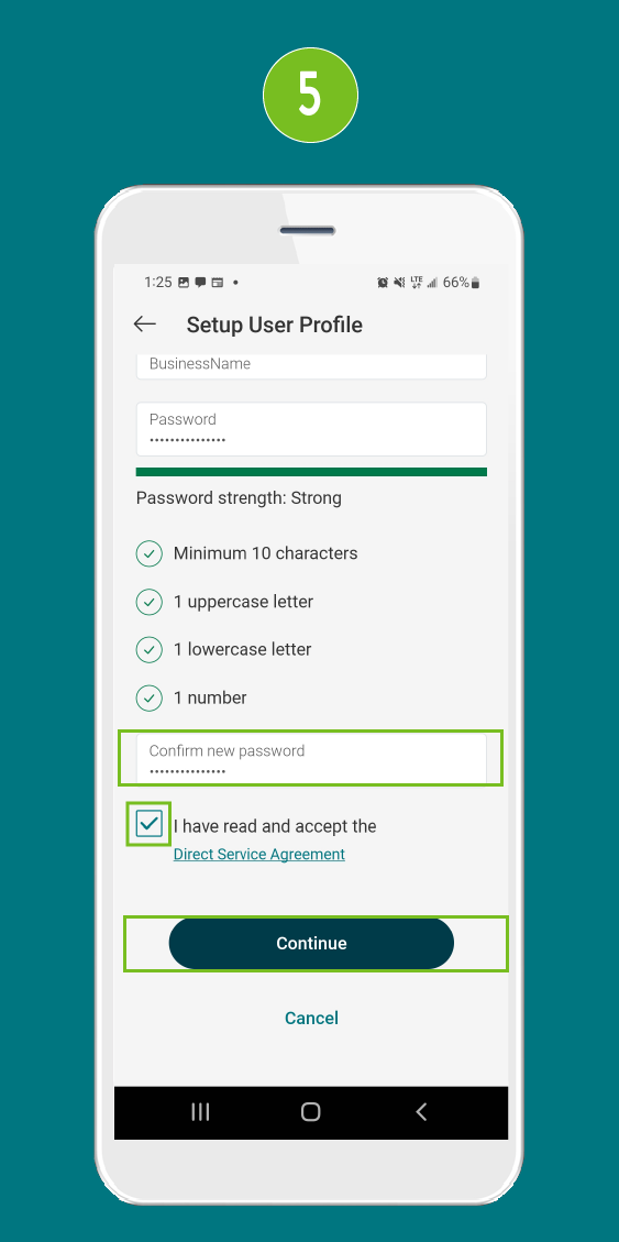 Mobile app screen highlighting the 'Confirm new password' input field, the checkbox labeled 'I have read and accept the Direct Service Agreement,' and the Confirm button.