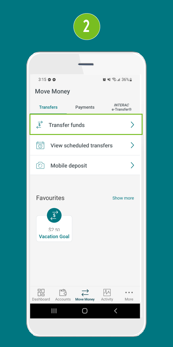 Screenshot of the ‘Move Money’ screen in a mobile banking app, with the ‘Transfer Funds’ button visually highlighted.
