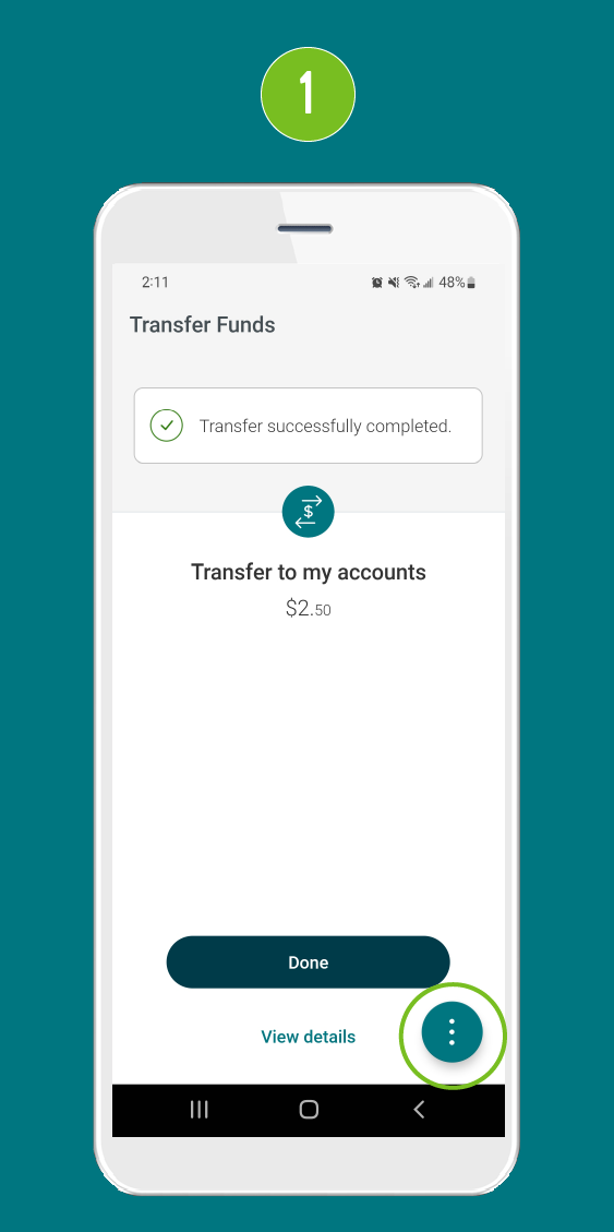 Screenshot of the ‘Transfer Funds’ screen in a mobile banking app, displaying the confirmation message ‘Transfer successfully completed’ and a highlighted ‘More Actions’ button.