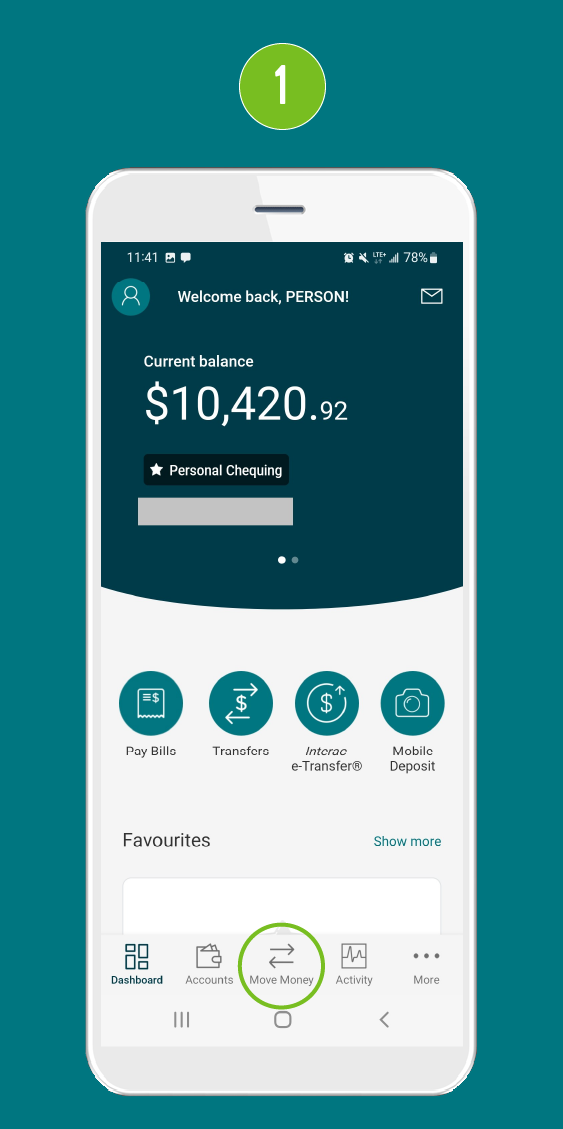 Screenshot of the mobile app’s home page showing account Current Balance,  and a prominently highlighted ‘Move Money’ button.