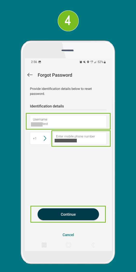 Mobile banking app screen with focus on the username and mobile phone number input fields, and a Continue button to proceed.