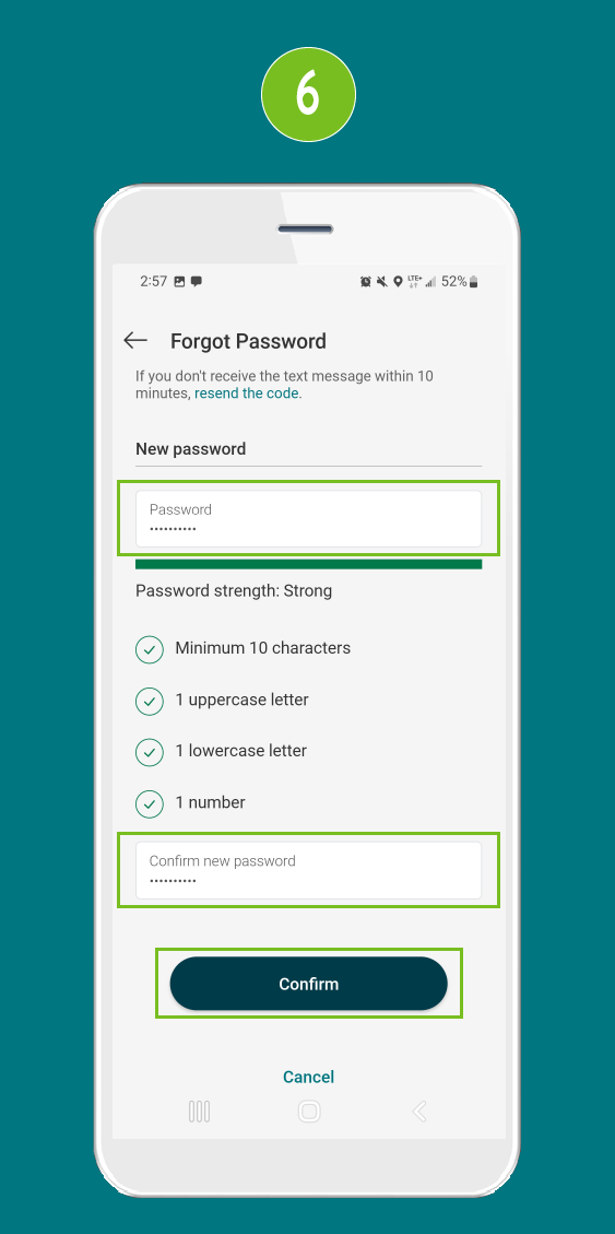 Mobile banking app screen with focus on the ‘New password’ and ‘Confirm new password’ input fields, and a Confirm button to save the new password.