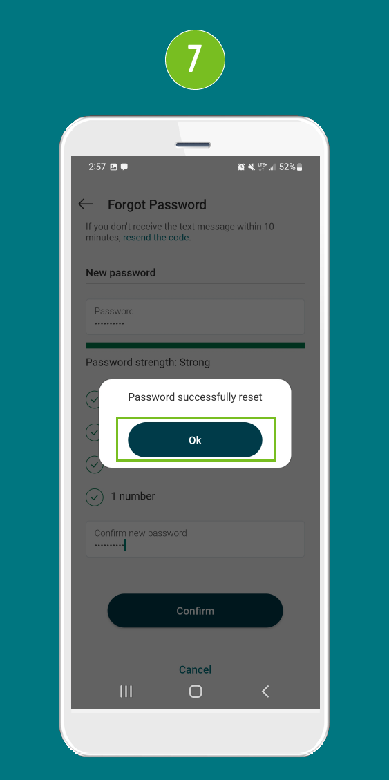 Mobile banking app screen displaying the message ‘Password successfully reset,’ with focus on the OK button to proceed.