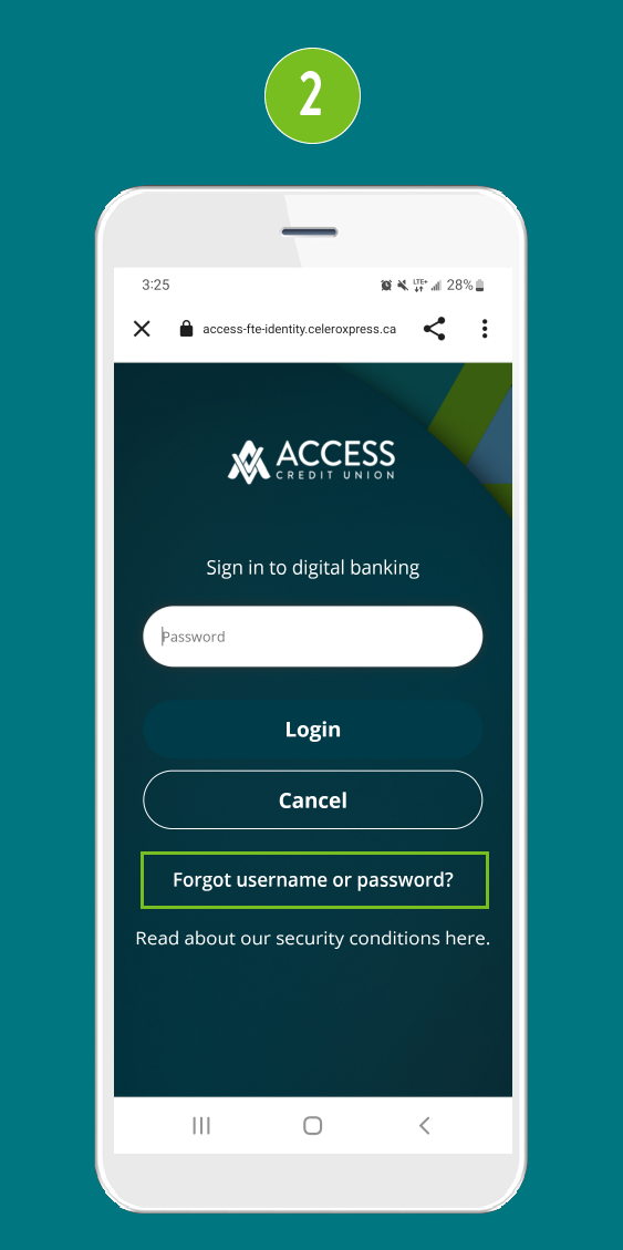 Digital banking sign-in screen in a mobile banking app, with focus on the ‘Forgot Username or Password?’ button used to recover or change login credentials.