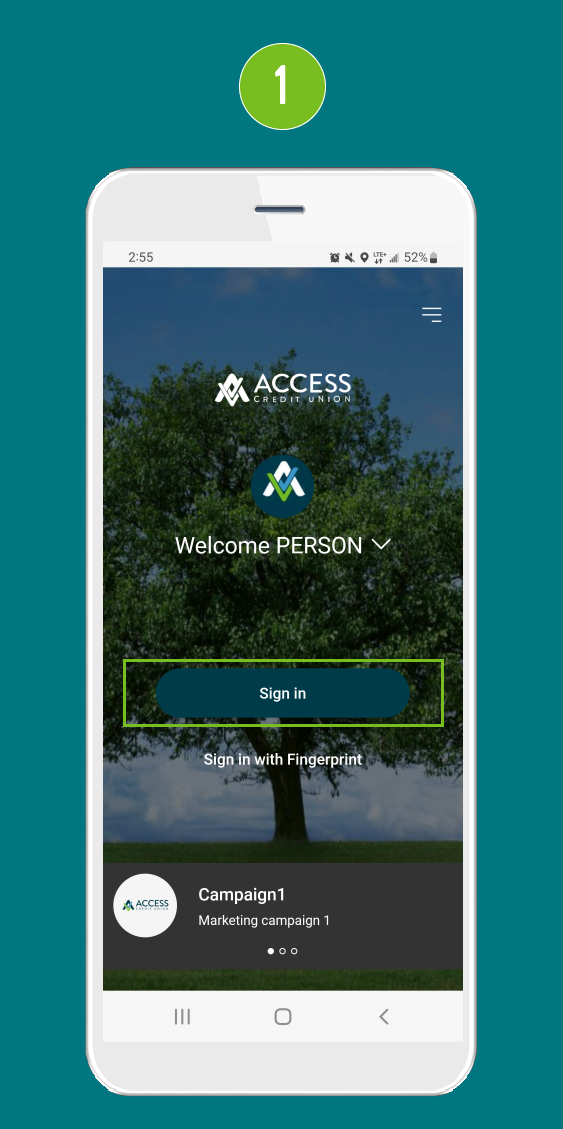 Sign in screen of a mobile banking app, with focus on the Sign in button to submit login credentials.