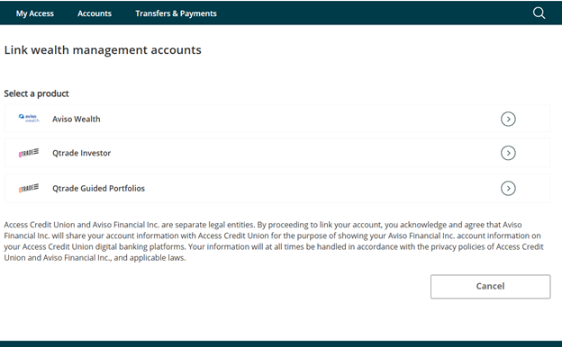 Link Wealth management accounts page with three options: Aviso Wealth, Qtrade Investor, and Qtrade Guided Portfolios.