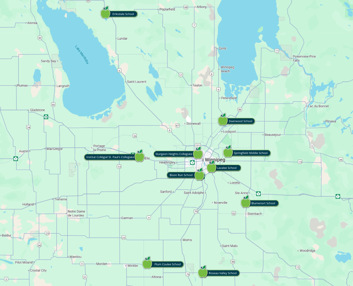 Map showing geographic distribution of grant recipients, each marked with an apple icon to indicate funding locations.