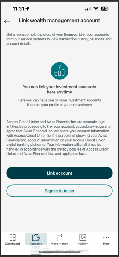 Link wealth management accounts page displaying message: You can link your investment accounts anytime. Link Account button is selected.