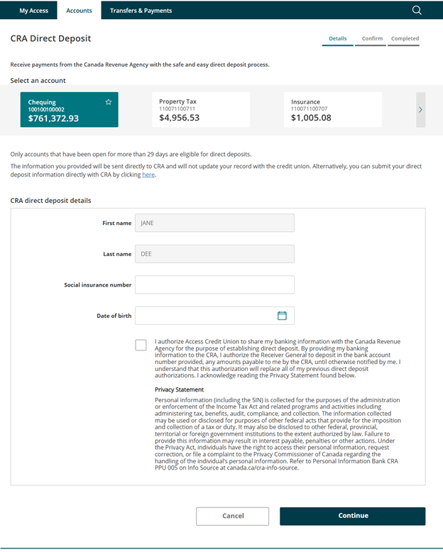 CRA Direct Deposit setup page showing selected chequing account and a Continue button.