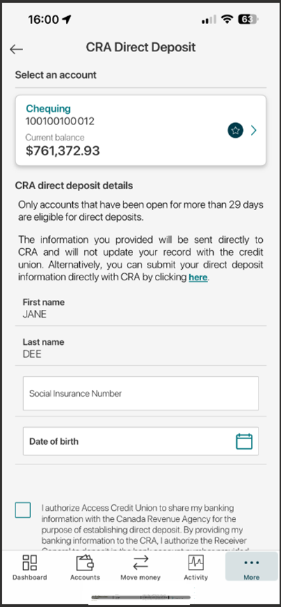 CRA Direct Deposit screen with Chequing account selected. Input fields for Social Insurance Number and Date of Birth are displayed.