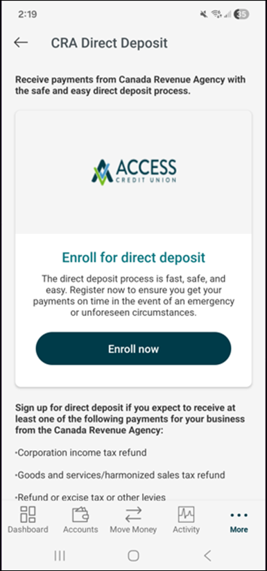 CRA Direct Deposit page with Enroll now button highlighted.